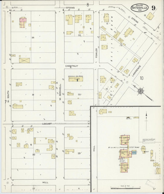 Sanborn Fire Insurance Map from Batesville, Independence County, Arkansas (1914), Sheet #0009 - Historic Sanborn Fire Insurance Map Print, vintage old map wall art, antique decor, genealogy gift, Arkansas Arkansas map