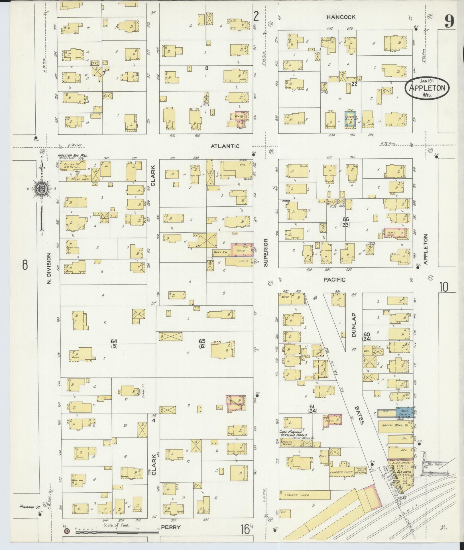 Sanborn Fire Insurance Map from Appleton, Outagamie County, Wisconsin (1911), Sheet #0009 - Historic Sanborn Fire Insurance Map Print, vintage old map wall art, antique decor, genealogy gift, Wisconsin Wisconsin map