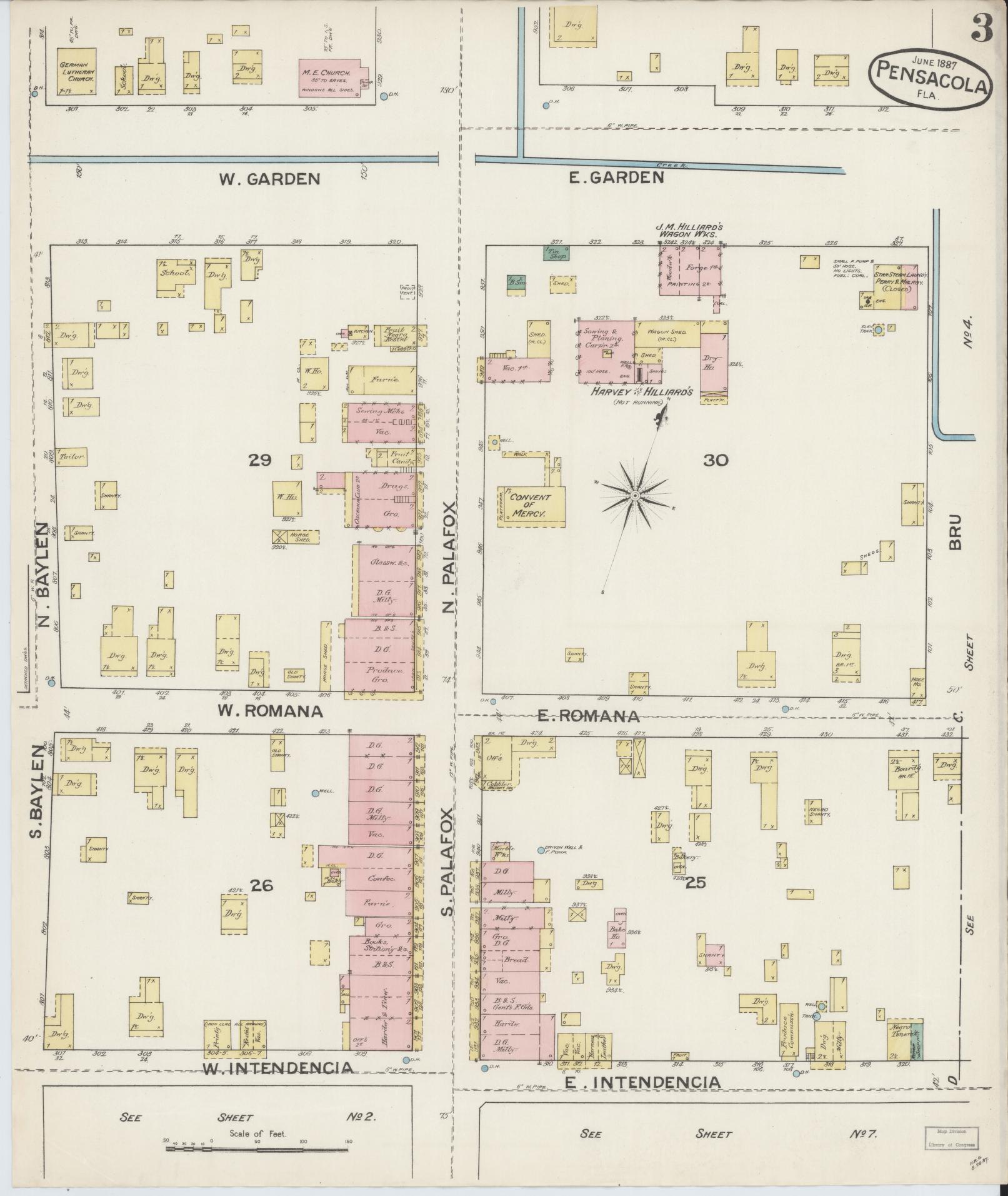 Sanborn Fire Insurance Map from Pensacola, Escambia County, Florida (1887), Sheet #0003 - Complete Map Set gallery image, historic Sanborn map, vintage wall art, Florida Florida