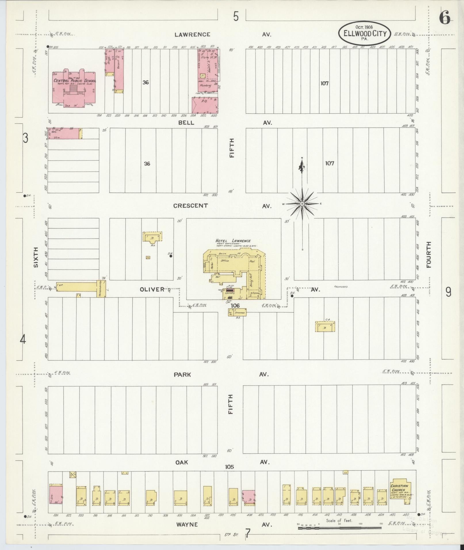 Sanborn Fire Insurance Map from Ellwood City, Lawrence County, Pennsylvania (1908), Sheet #0006 - Historic Sanborn Fire Insurance Map Print, vintage old map wall art, antique decor, genealogy gift, Pennsylvania Pennsylvania map