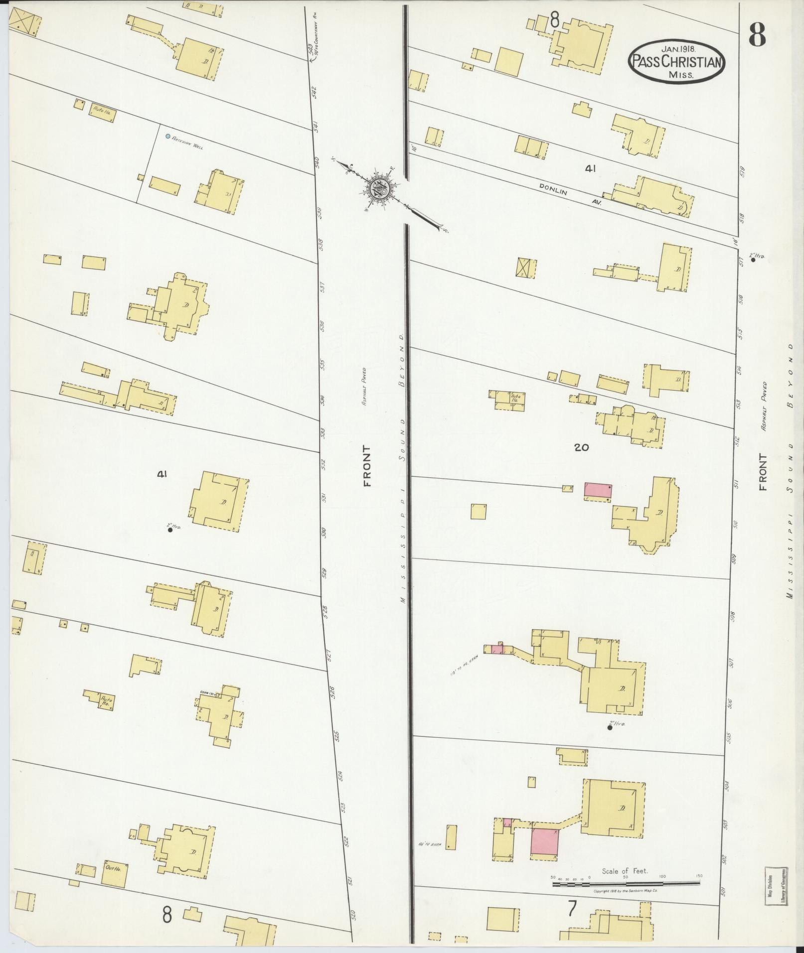 Sanborn Fire Insurance Map from Pass Christian, Harrison County, Mississippi (1918), Sheet #0008 - Historic Sanborn Fire Insurance Map Print, vintage old map wall art, antique decor, genealogy gift, Mississippi Mississippi map