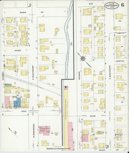 Sanborn Fire Insurance Map from Hattiesburg, Forrest County, Mississippi (1910), Sheet #0006 - Complete Map Set gallery image, historic Sanborn map, vintage wall art, Mississippi Mississippi