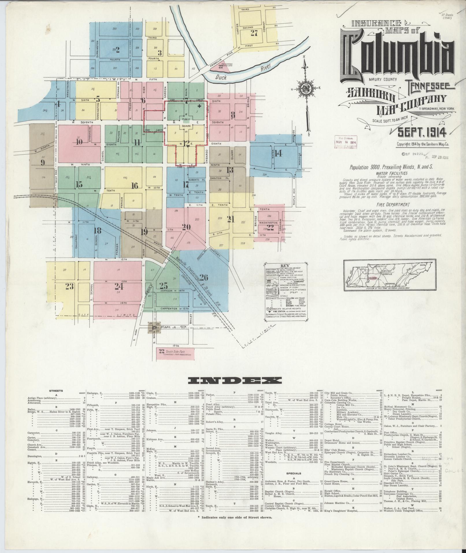 Sanborn Fire Insurance Map from Columbia, Maury County, Tennessee. (1914) – Historic Sanborn Fire Insurance Map Print
