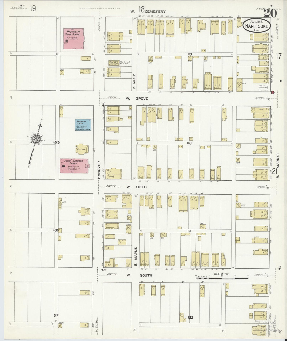 Sanborn Fire Insurance Map from Nanticoke, Luzerne County, Pennsylvania (1912), Sheet #0020 - Historic Sanborn Fire Insurance Map Print, vintage old map wall art, antique decor, genealogy gift, Pennsylvania Pennsylvania map