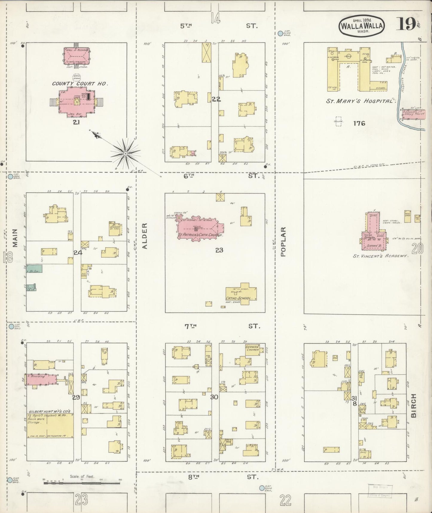 Sanborn Fire Insurance Map from Walla Walla, Walla Walla County, Washington (1894), Sheet #0019 - Historic Sanborn Fire Insurance Map Print, vintage old map wall art, antique decor, genealogy gift, Washington Washington map