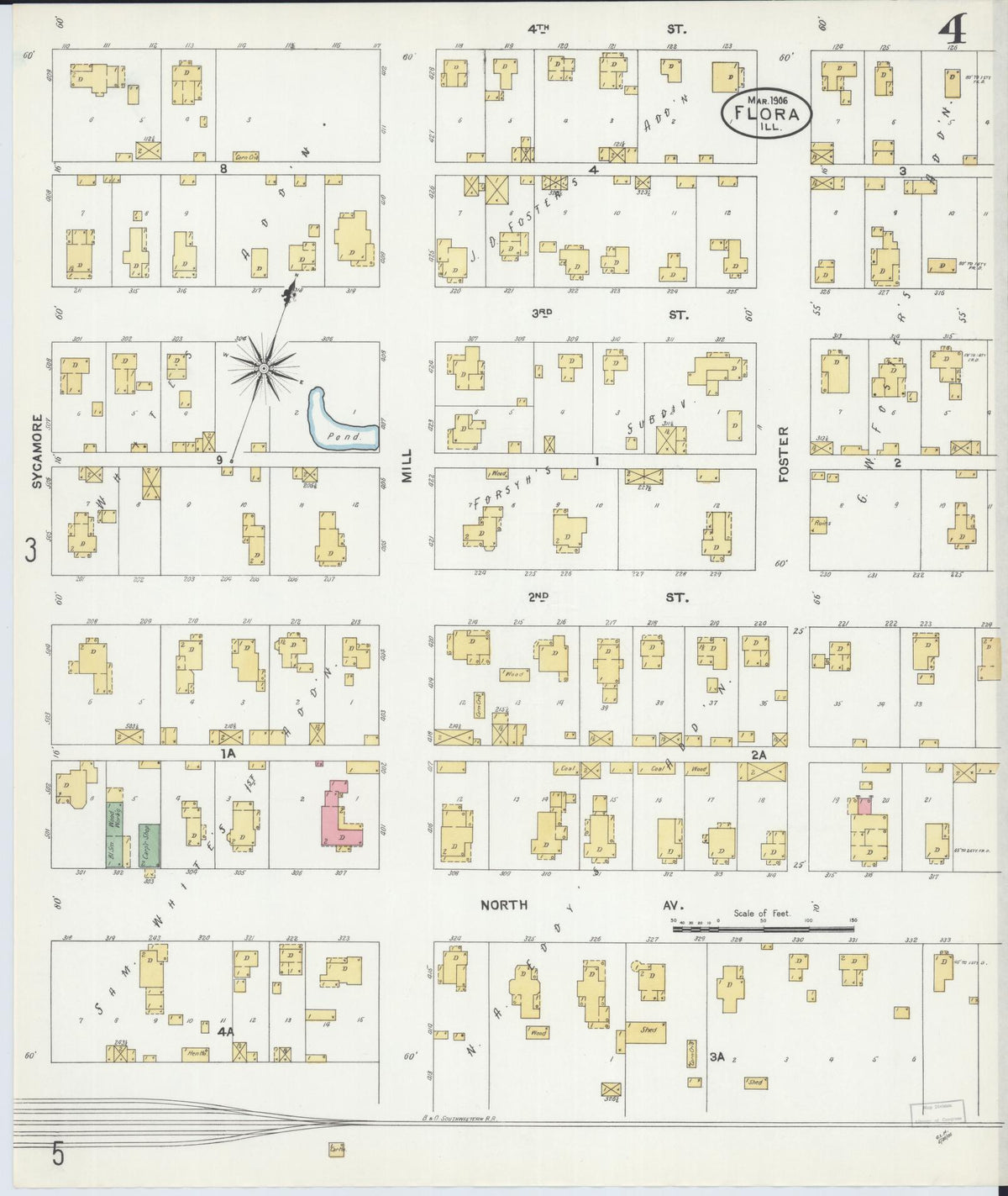Sanborn Fire Insurance Map from Flora, Clay County, Illinois (1906), Sheet #0004 - Complete Map Set gallery image, historic Sanborn map, vintage wall art, Illinois Illinois