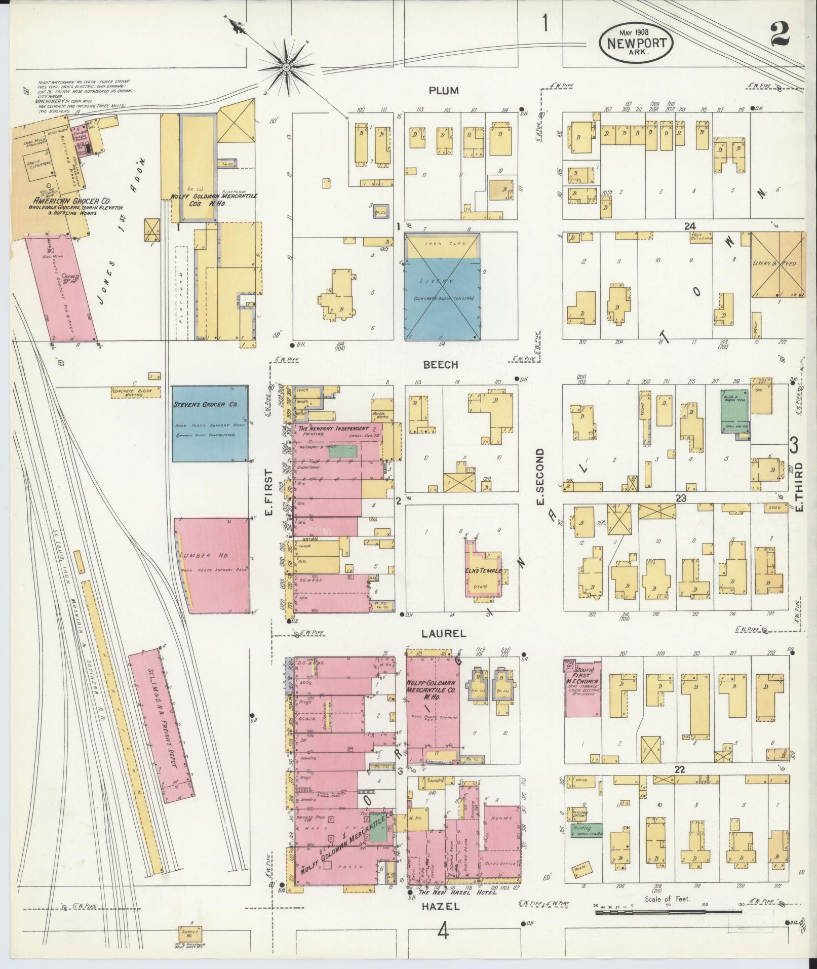 Sanborn Fire Insurance Map from Newport, Jackson County, Arkansas (1908), Sheet #0002 - Historic Sanborn Fire Insurance Map Print, vintage old map wall art, antique decor, genealogy gift, Arkansas Arkansas map