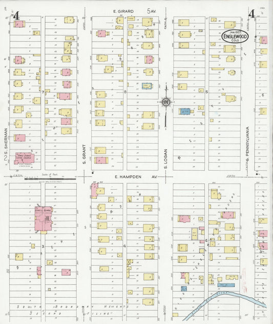 Sanborn Fire Insurance Map from Englewood, Arapahoe County, Colorado (1927), Sheet #0004 - Historic Sanborn Fire Insurance Map Print, vintage old map wall art, antique decor, genealogy gift, Colorado Colorado map