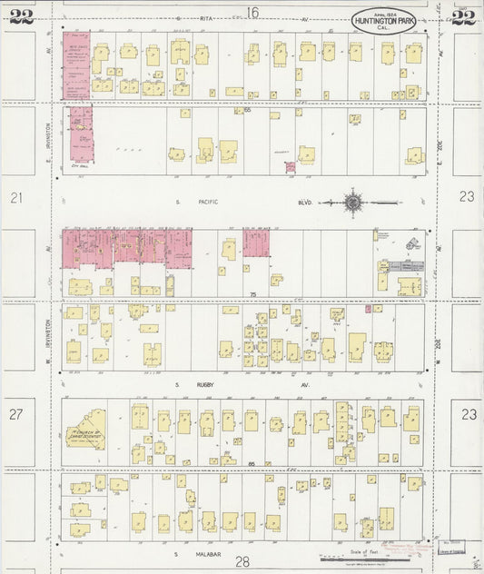 Sanborn Fire Insurance Map from Huntington Park, Los Angeles County, California (1924), Sheet #0022 - Historic Sanborn Fire Insurance Map Print, vintage old map wall art, antique decor, genealogy gift, California California map