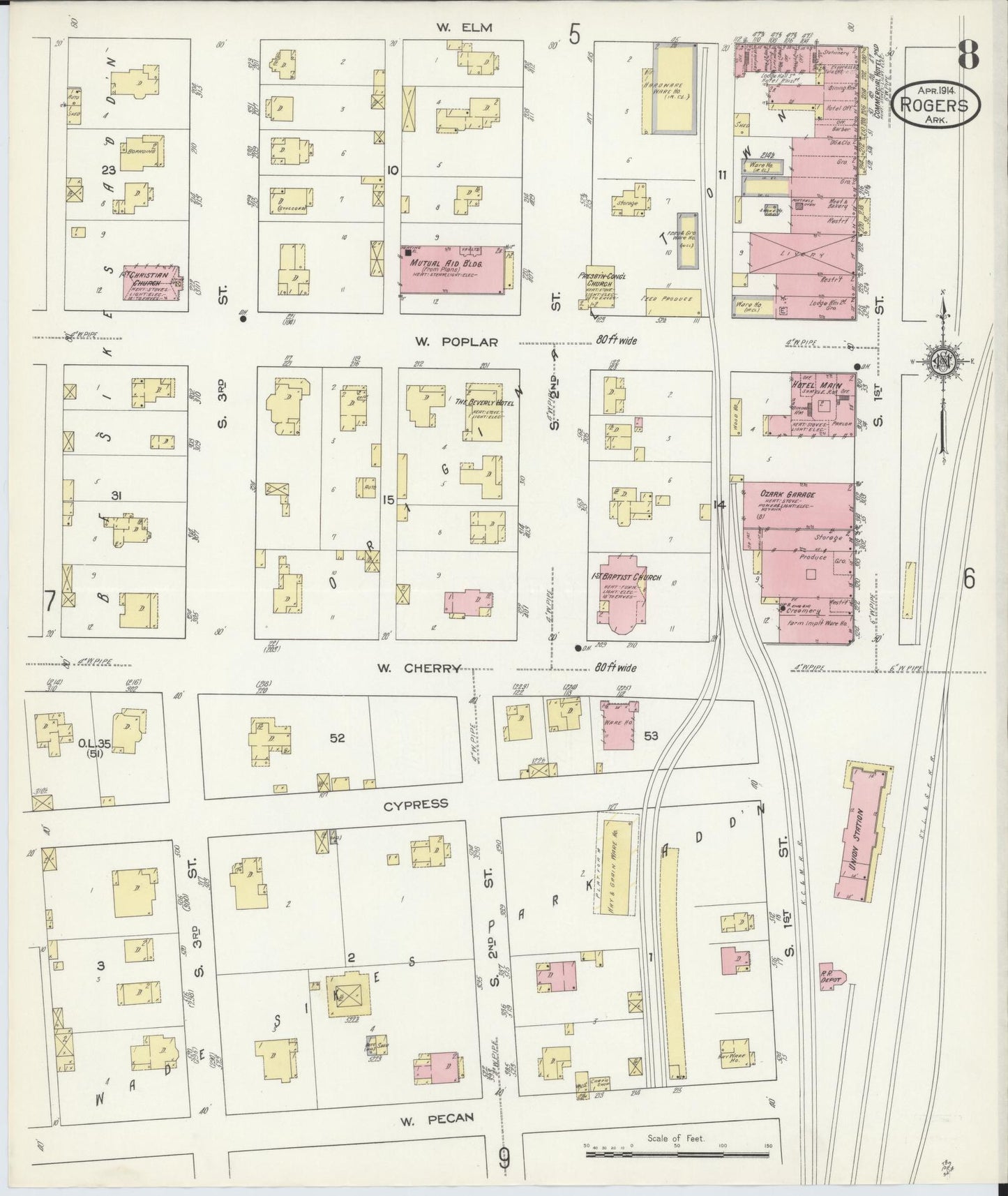 Sanborn Fire Insurance Map from Rogers, Benton County, Arkansas (1914), Sheet #0008 - Complete Map Set gallery image, historic Sanborn map, vintage wall art, Arkansas Arkansas