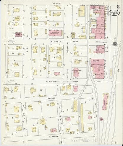 Sanborn Fire Insurance Map from Rogers, Benton County, Arkansas (1914), Sheet #0008 - Complete Map Set gallery image, historic Sanborn map, vintage wall art, Arkansas Arkansas