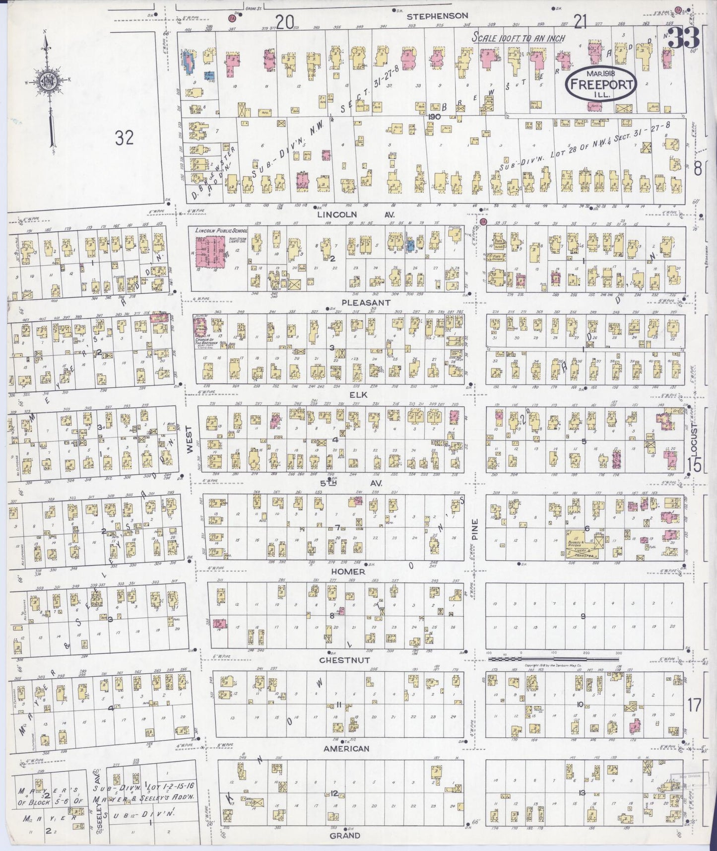 Sanborn Fire Insurance Map from Freeport, Stephenson County, Illinois (1918), Sheet #0033 - Historic Sanborn Fire Insurance Map Print, vintage old map wall art, antique decor, genealogy gift, Illinois Illinois map