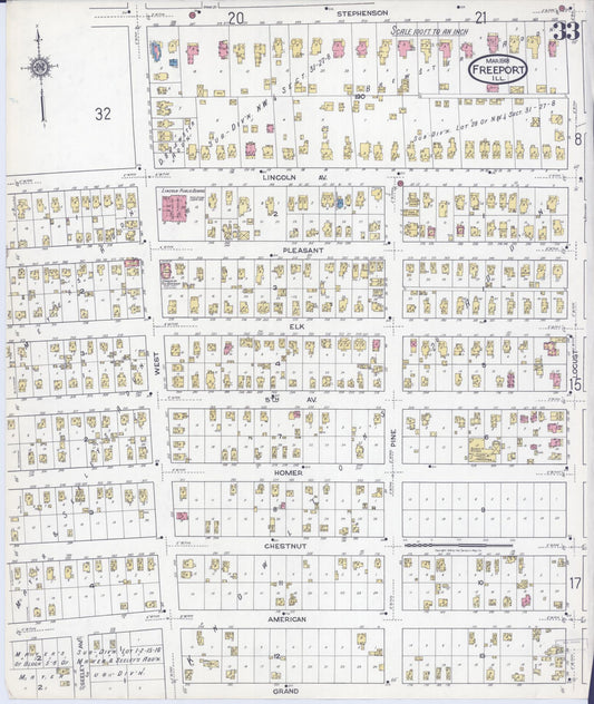 Sanborn Fire Insurance Map from Freeport, Stephenson County, Illinois (1918), Sheet #0033 - Historic Sanborn Fire Insurance Map Print, vintage old map wall art, antique decor, genealogy gift, Illinois Illinois map