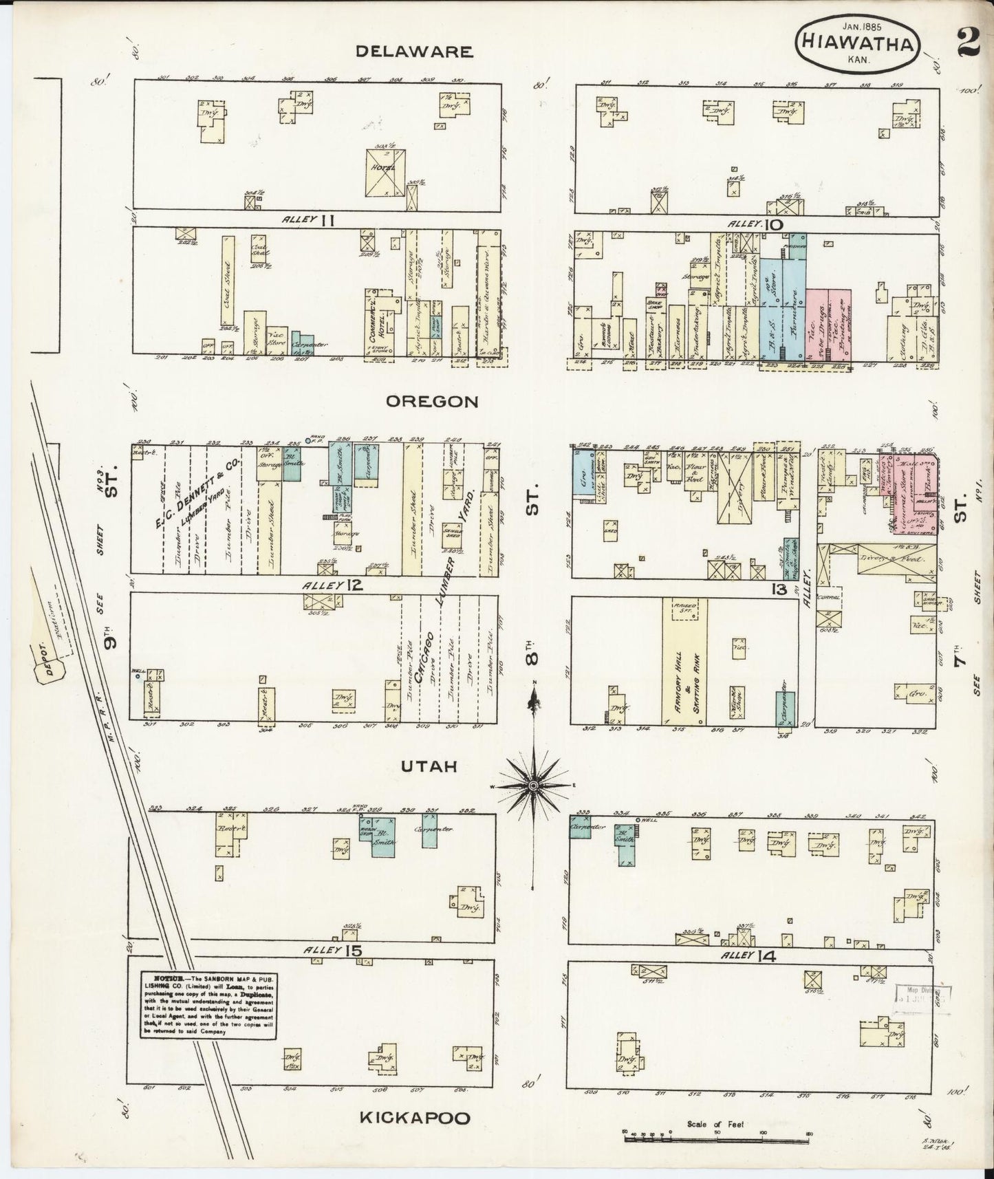 Sanborn Fire Insurance Map from Hiawatha, Brown County, Kansas (1885), Sheet #0002 - Complete Map Set gallery image, historic Sanborn map, vintage wall art, Kansas Kansas