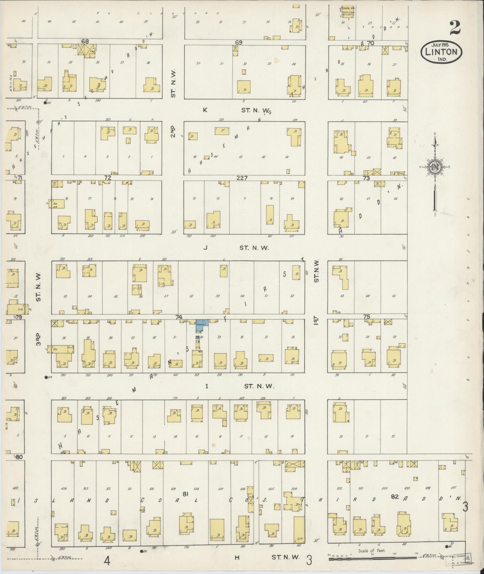 Sanborn Fire Insurance Map from Linton, Greene County, Indiana (1915), Sheet #0002 - Complete Map Set gallery image, historic Sanborn map, vintage wall art, Indiana Indiana