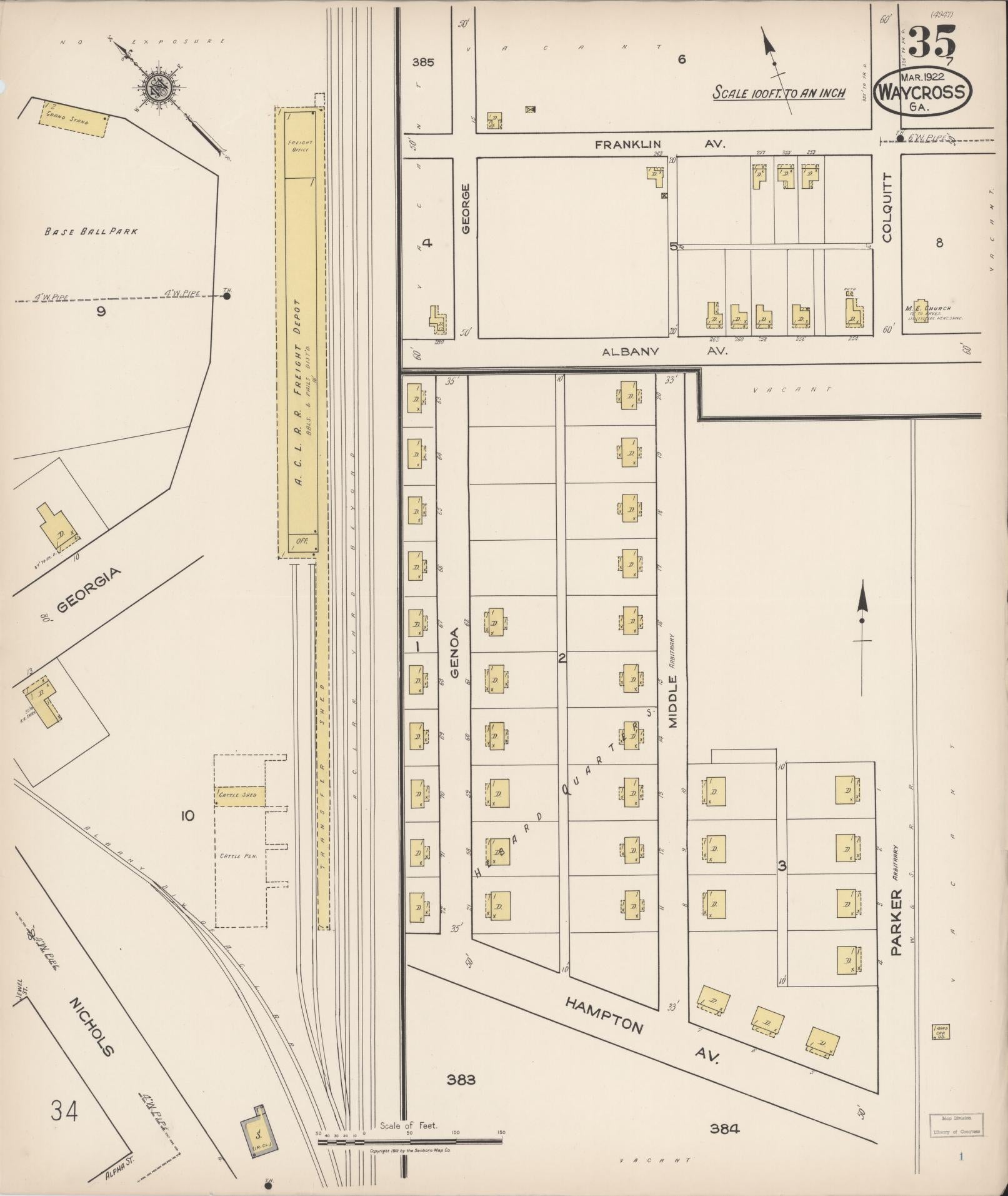 Sanborn Fire Insurance Map from Waycross, Ware County, Georgia (1922), Sheet #0035 - Complete Map Set gallery image, historic Sanborn map, vintage wall art, Georgia Georgia