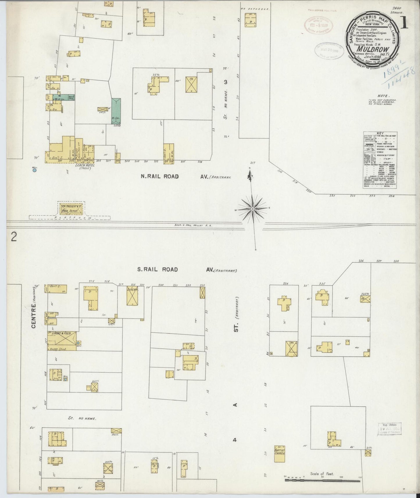 Sanborn Fire Insurance Map from Muldrow, Sequoyah County, Oklahoma (1899), Sheet #0001 - Complete Map Set gallery image, historic Sanborn map, vintage wall art, Oklahoma Oklahoma