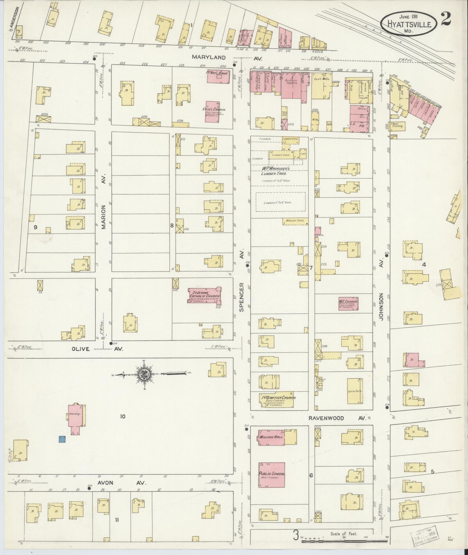 Sanborn Fire Insurance Map from Hyattsville, Prince Georges County, Maryland (1911), Sheet #0002 - Historic Sanborn Fire Insurance Map Print, vintage old map wall art