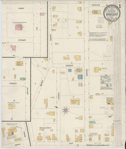 Sanborn Fire Insurance Map from Manassas, Independent Cities, Virginia (1907), Sheet #0001 - Complete Map Set gallery image, historic Sanborn map, vintage wall art, Virginia Virginia