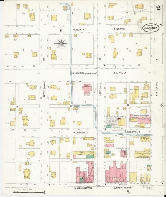 Sanborn Fire Insurance Map from Clarinda, Page County, Iowa (1898), Sheet #0002 - Historic Sanborn Fire Insurance Map Print, vintage old map wall art