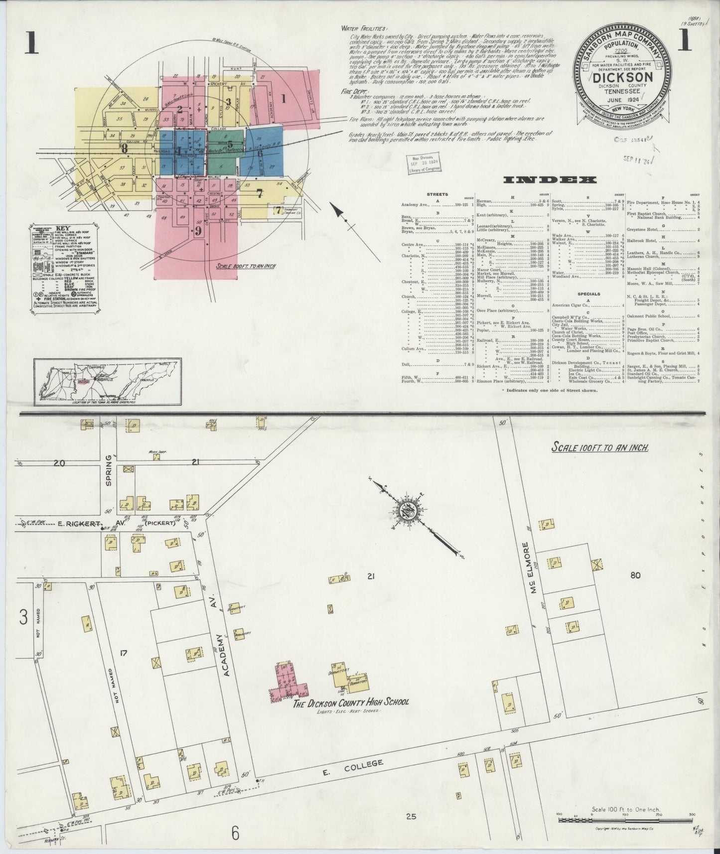 Sanborn Fire Insurance Map from Dickson, Dickson County, Tennessee (1924), Sheet #0001 - Complete Map Set gallery image, historic Sanborn map, vintage wall art, Tennessee Tennessee