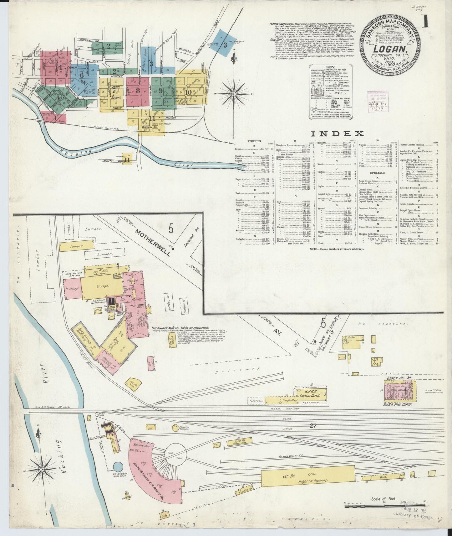 Sanborn Fire Insurance Map from Logan, Hocking County, Ohio (1907), Sheet #0001 - Historic Sanborn Fire Insurance Map Print, vintage old map wall art, antique decor, genealogy gift, Ohio Ohio map