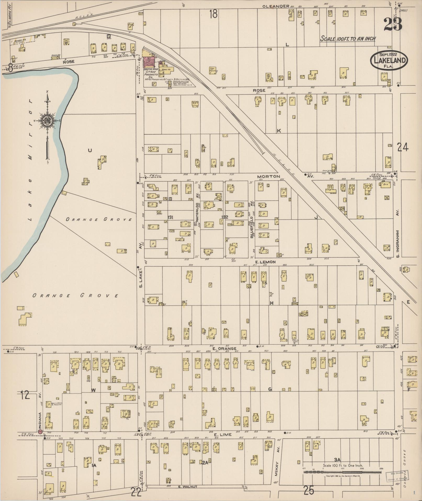 Sanborn Fire Insurance Map from Lakeland, Polk County, Florida (1922), Sheet #0023 - Complete Map Set gallery image, historic Sanborn map, vintage wall art, Florida Florida