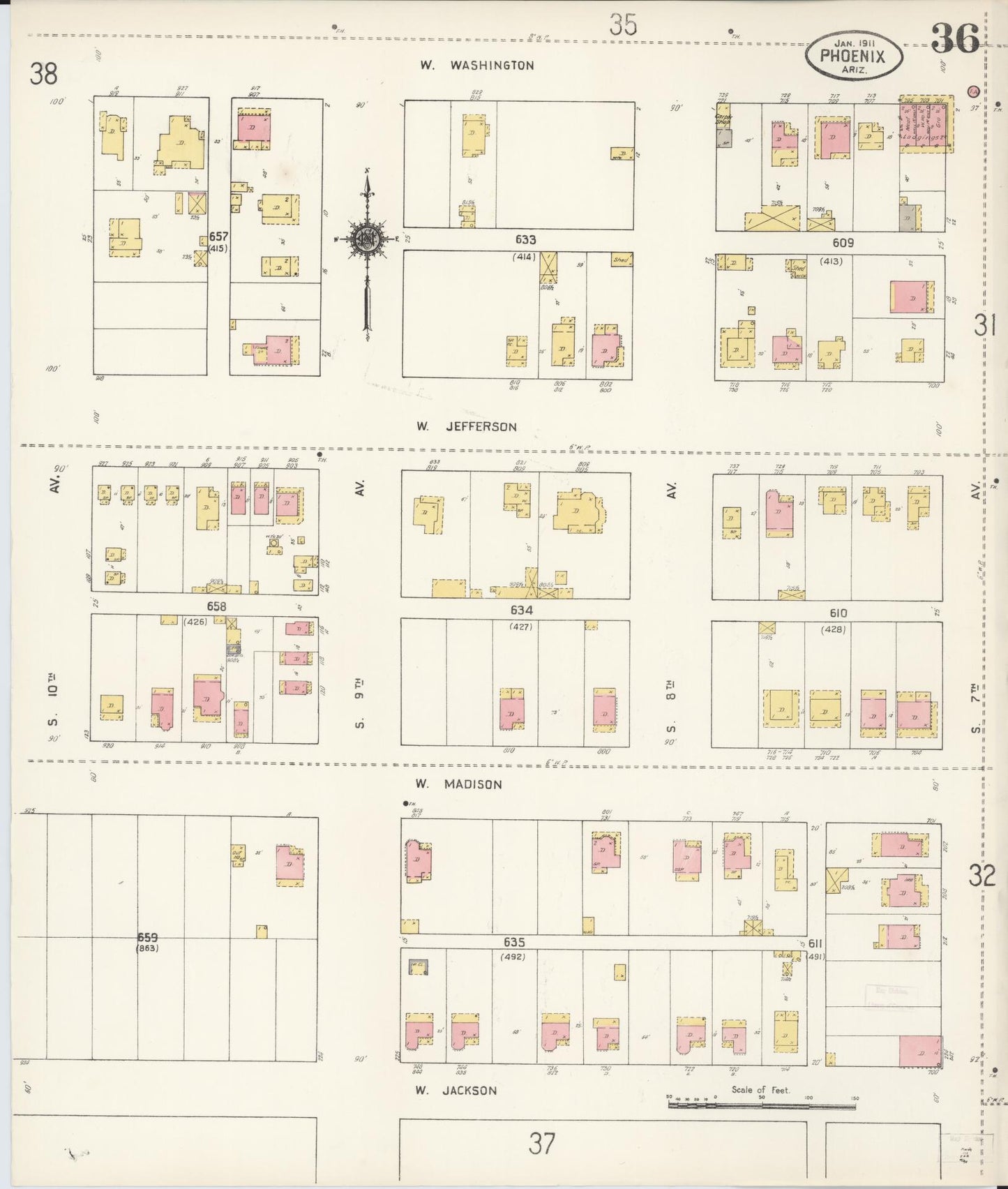 Sanborn Fire Insurance Map from Phoenix, Maricopa County, Arizona (1911), Sheet #0036 - Complete Map Set gallery image, historic Sanborn map, vintage wall art, Arizona Arizona