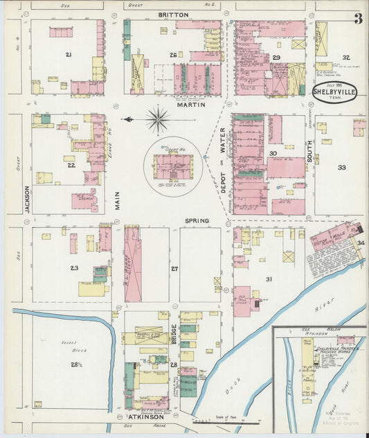 Sanborn Fire Insurance Map from Shelbyville, Bedford County, Tennessee (1891), Sheet #0003 - Historic Sanborn Fire Insurance Map Print, vintage old map wall art, antique decor, genealogy gift, Tennessee Tennessee map
