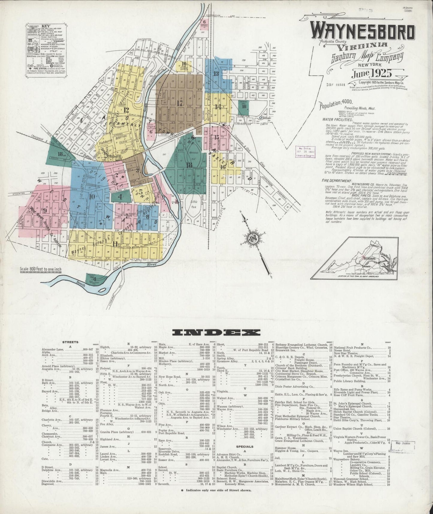 Sanborn Fire Insurance Map from Waynesboro, Independent Cities, Virginia (1925), Sheet #0001 - Historic Sanborn Fire Insurance Map Print, vintage old map wall art, antique decor, genealogy gift, Virginia Virginia map