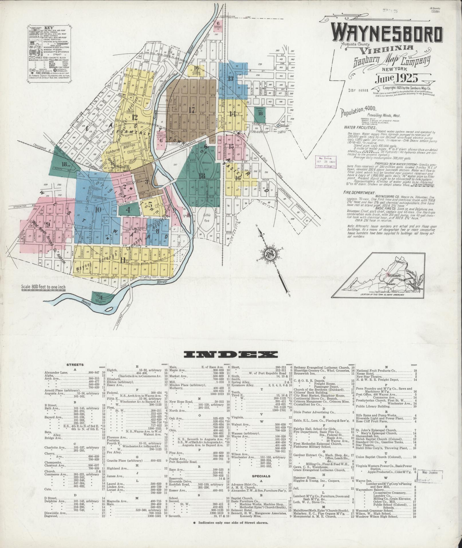 Sanborn Fire Insurance Map from Waynesboro, Independent Cities, Virginia (1925), Sheet #0001 - Historic Sanborn Fire Insurance Map Print, vintage old map wall art, antique decor, genealogy gift, Virginia Virginia map