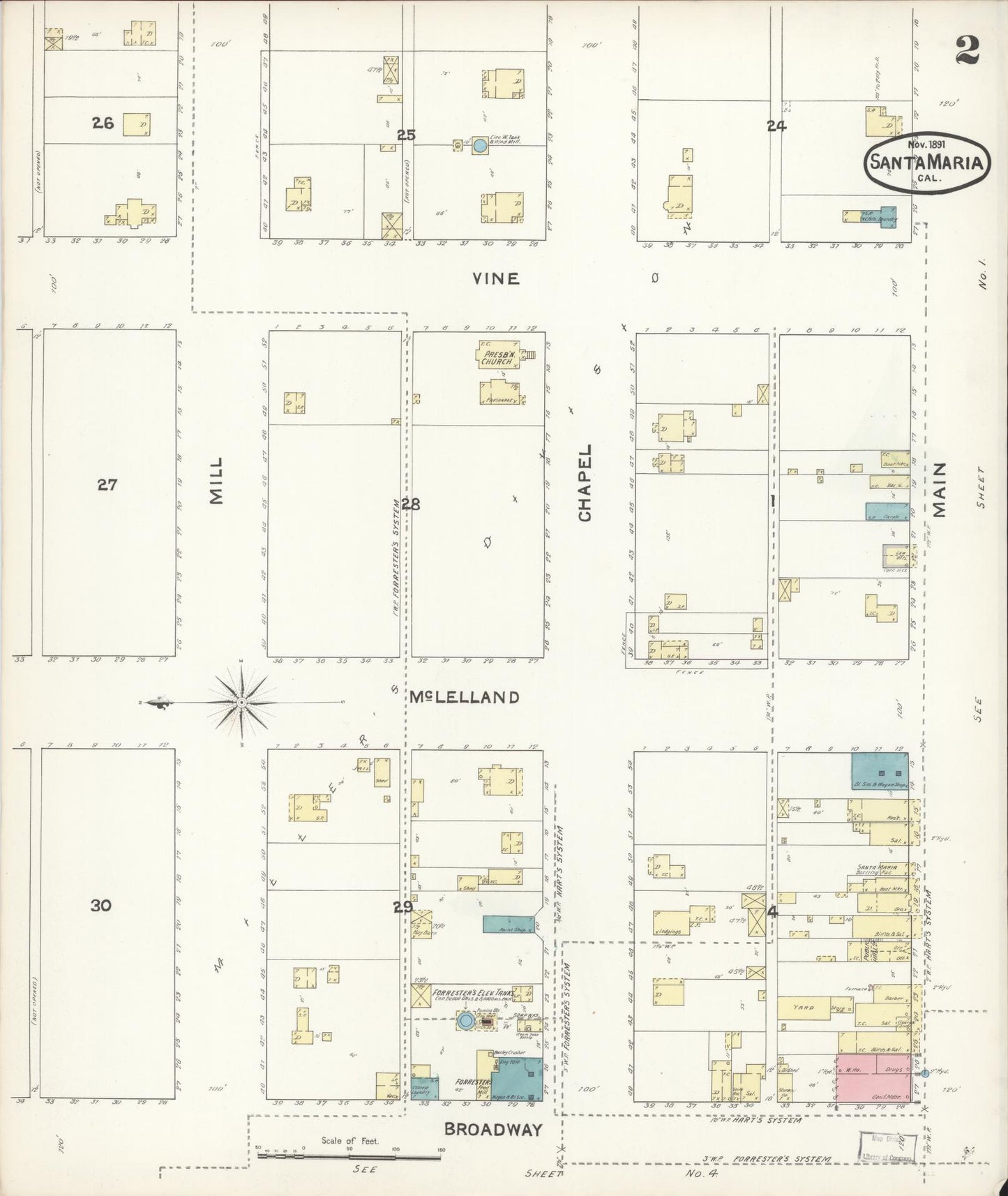 Sanborn Fire Insurance Map from Santa Maria, Santa Barbara County, California (1891), Sheet #0002 - Complete Map Set gallery image, historic Sanborn map, vintage wall art, California California