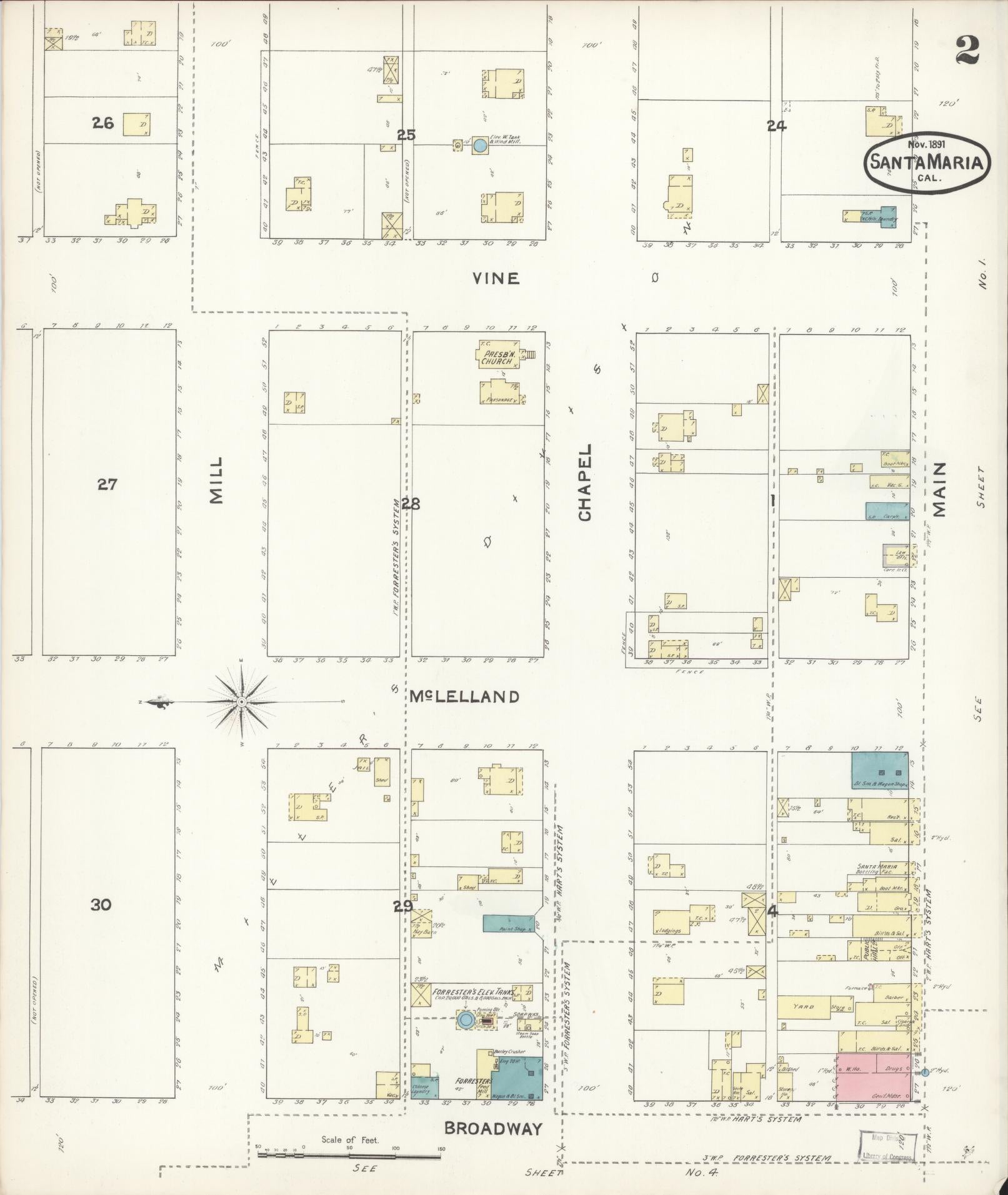 Sanborn Fire Insurance Map from Santa Maria, Santa Barbara County, California (1891), Sheet #0002 - Complete Map Set gallery image, historic Sanborn map, vintage wall art, California California