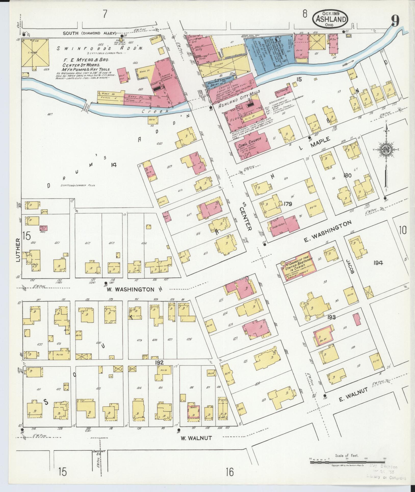 Sanborn Fire Insurance Map from Ashland, Ashland County, Ohio (1919), Sheet #0009 - Historic Sanborn Fire Insurance Map Print, vintage old map wall art, antique decor, genealogy gift, Ohio Ohio map