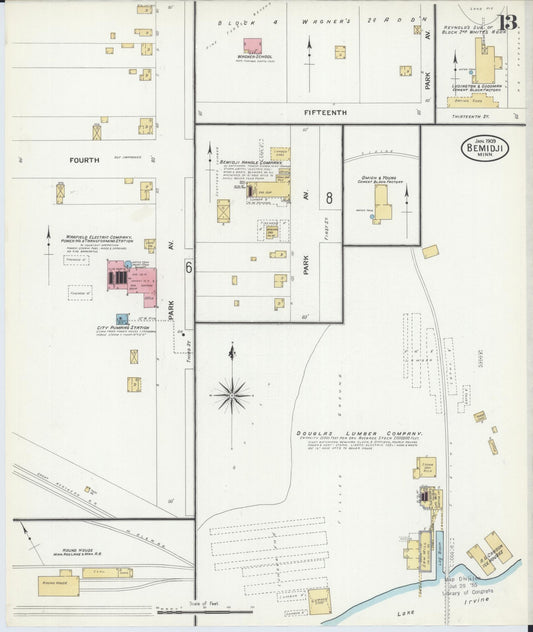 Sanborn Fire Insurance Map from Bemidji, Beltrami County, Minnesota (1909), Sheet #0013 - Historic Sanborn Fire Insurance Map Print, vintage old map wall art, antique decor, genealogy gift, Minnesota Minnesota map