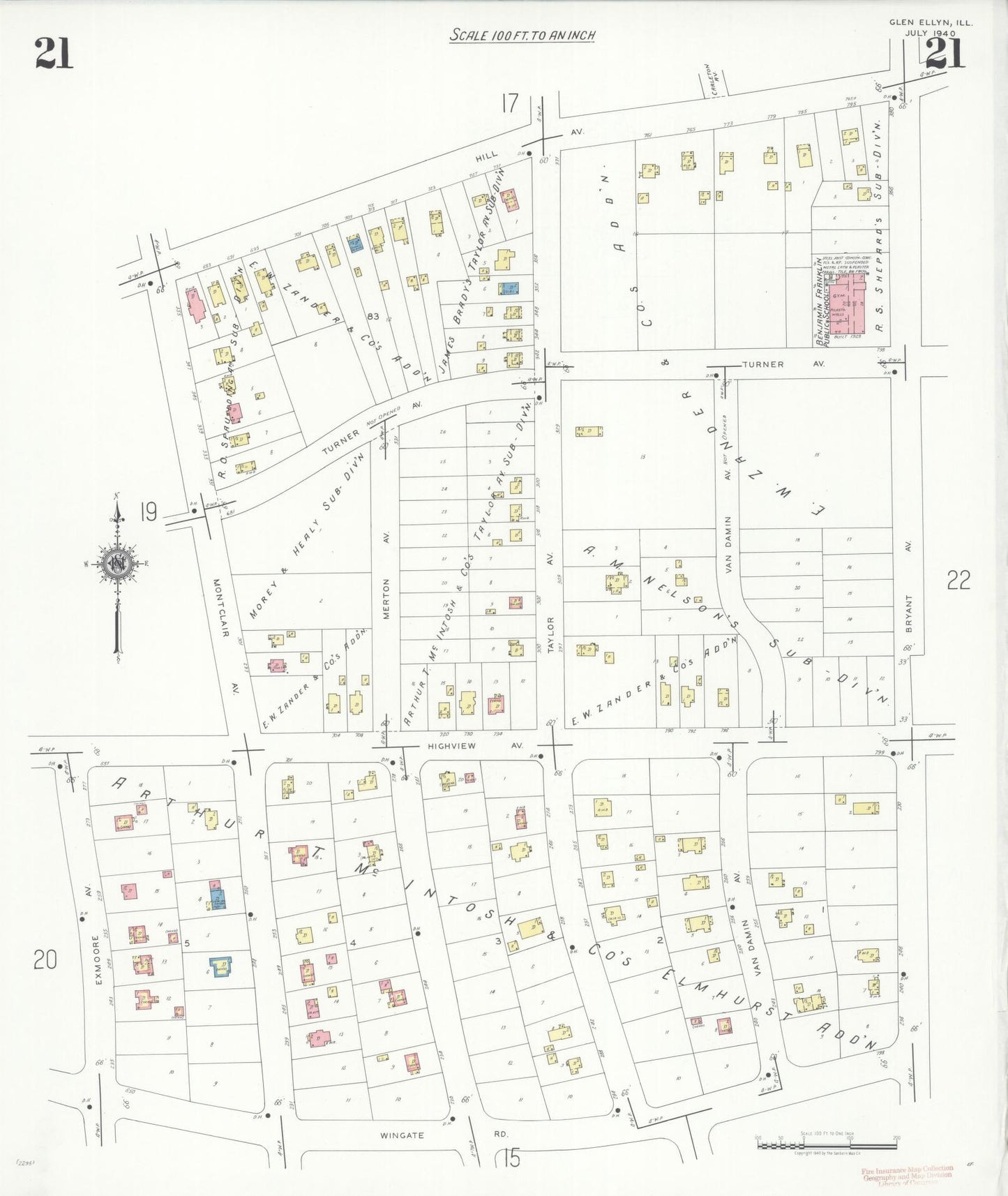 Sanborn Fire Insurance Map from Glen Ellyn, Du Page County, Illinois (1940), Sheet #0021 - Historic Sanborn Fire Insurance Map Print, vintage old map wall art, antique decor, genealogy gift, Illinois Illinois map