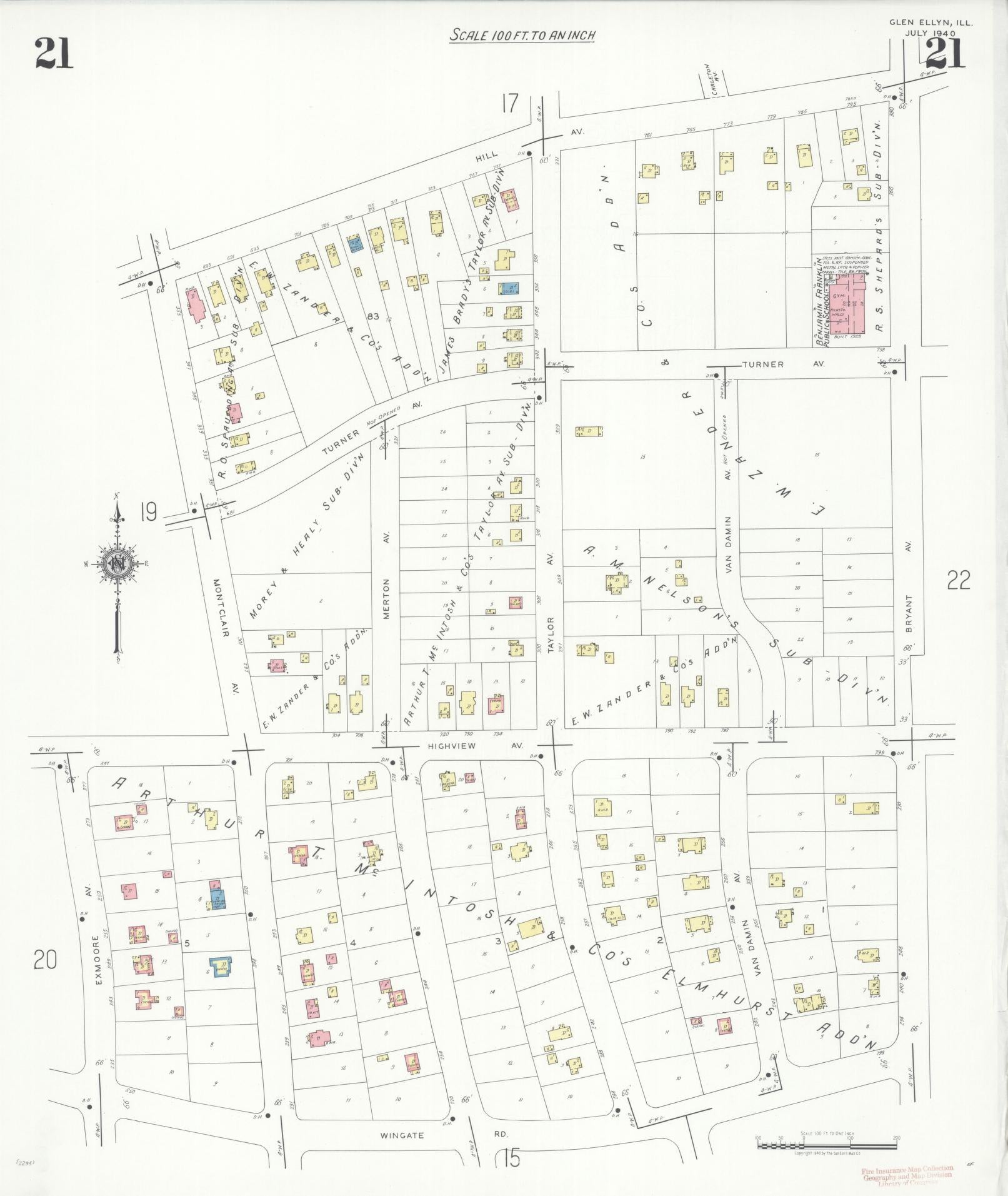 Sanborn Fire Insurance Map from Glen Ellyn, Du Page County, Illinois (1940), Sheet #0021 - Historic Sanborn Fire Insurance Map Print, vintage old map wall art, antique decor, genealogy gift, Illinois Illinois map