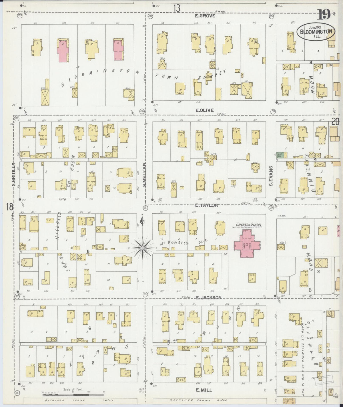Sanborn Fire Insurance Map from Bloomington, McLean County, Illinois (1901), Sheet #0019 - Historic Sanborn Fire Insurance Map Print, vintage old map wall art, antique decor, genealogy gift, Illinois Illinois map