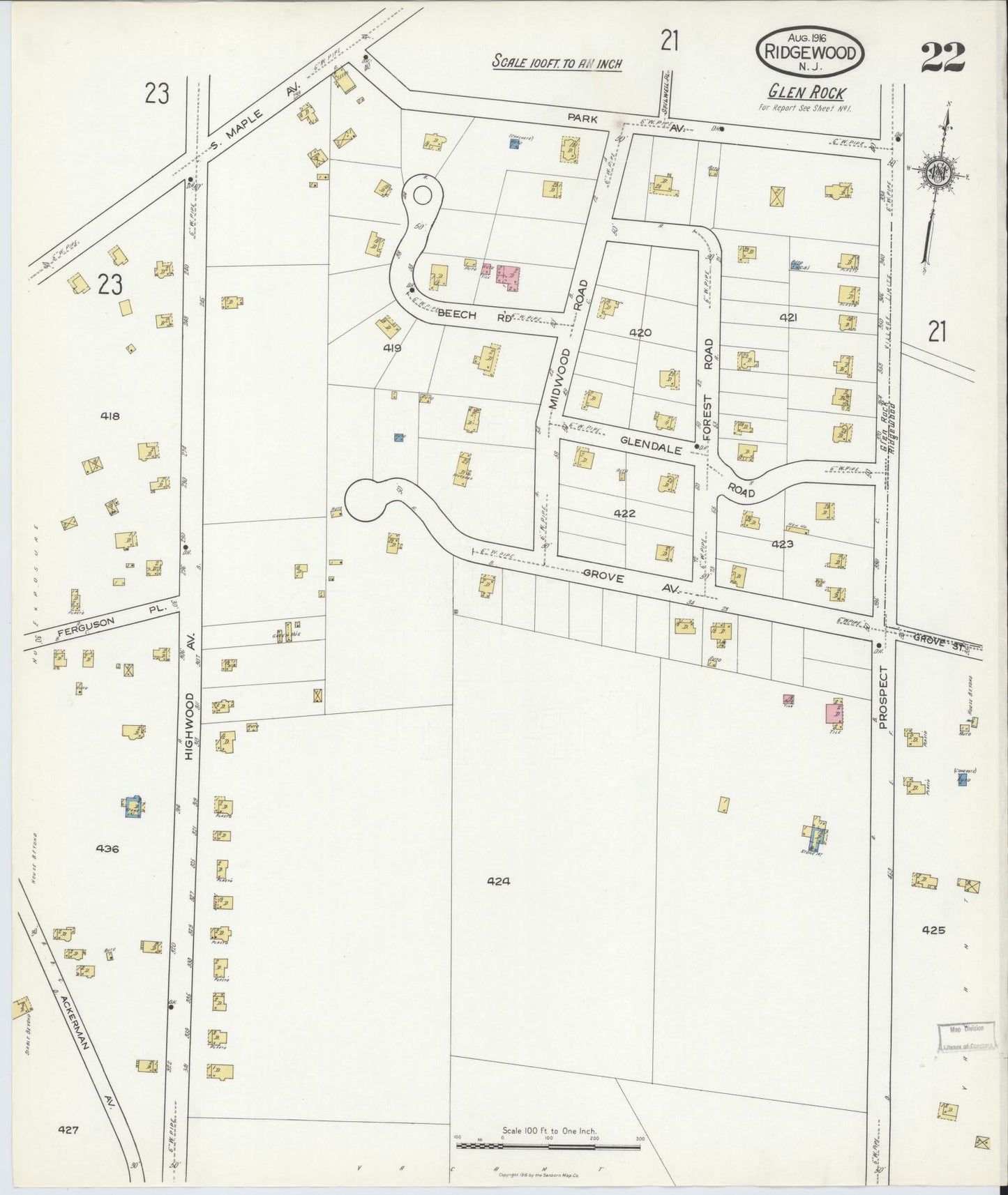 Sanborn Fire Insurance Map from Ridgewood, Bergen County, New Jersey (1916), Sheet #0022 - Complete Map Set gallery image, historic Sanborn map, vintage wall art, New Jersey New Jersey