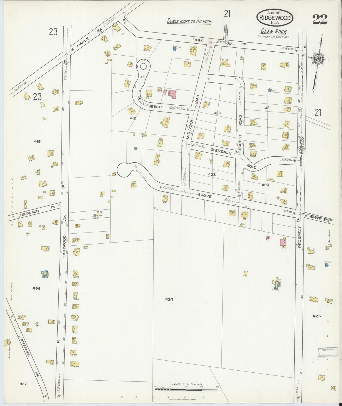Sanborn Fire Insurance Map from Ridgewood, Bergen County, New Jersey (1916), Sheet #0022 - Complete Map Set gallery image, historic Sanborn map, vintage wall art, New Jersey New Jersey