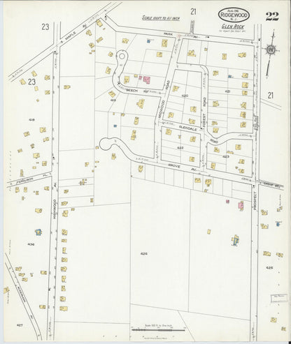 Sanborn Fire Insurance Map from Ridgewood, Bergen County, New Jersey (1916), Sheet #0022 - Complete Map Set gallery image, historic Sanborn map, vintage wall art, New Jersey New Jersey
