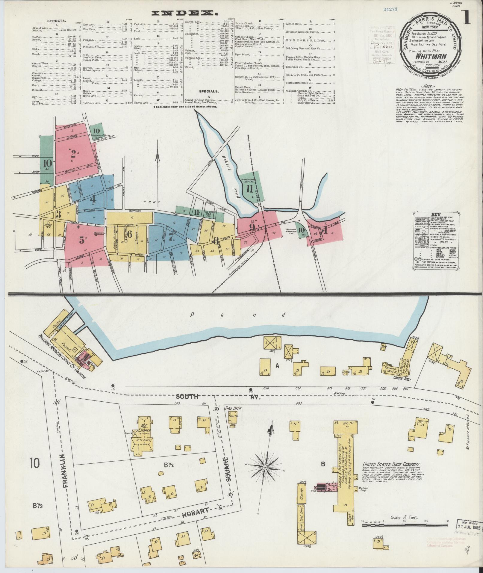 Sanborn Fire Insurance Map from Whitman, Plymouth County, Massachusetts (1900), Sheet #0001 - Historic Sanborn Fire Insurance Map Print, vintage old map wall art, antique decor, genealogy gift, Massachusetts Massachusetts map