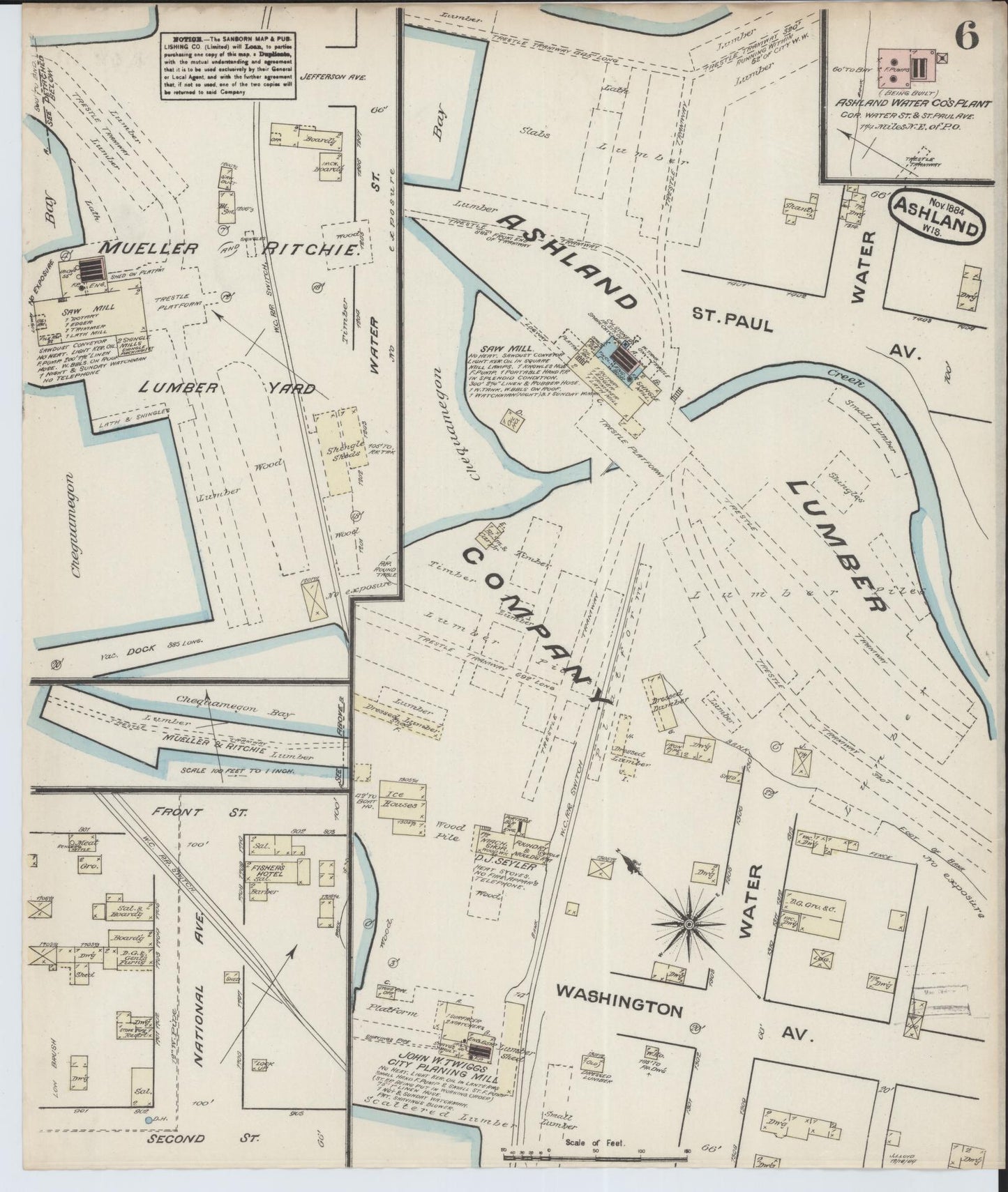 Sanborn Fire Insurance Map from Ashland, Ashland County, Wisconsin (1884), Sheet #0006 - Historic Sanborn Fire Insurance Map Print, vintage old map wall art, antique decor, genealogy gift, Wisconsin Wisconsin map