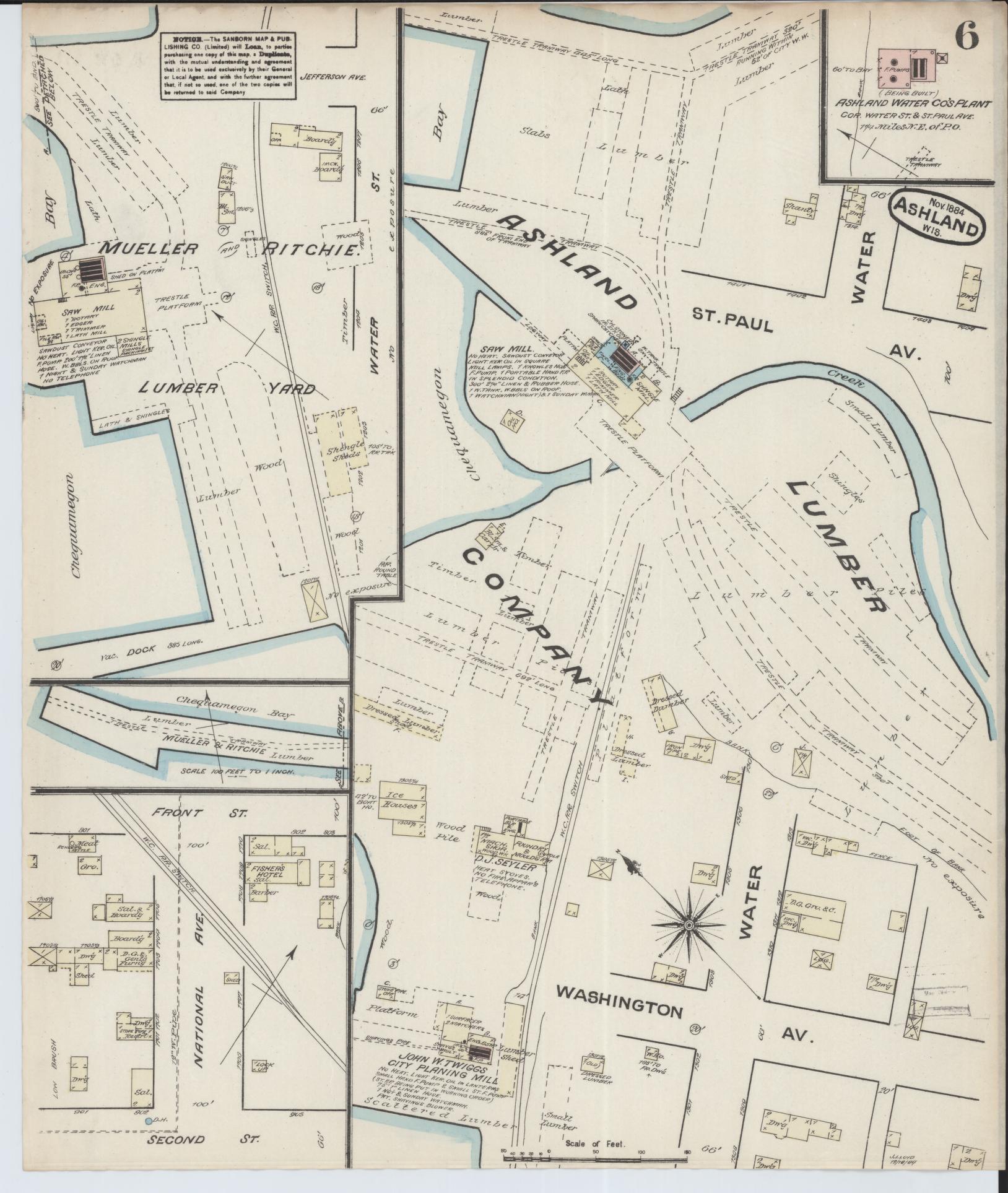 Sanborn Fire Insurance Map from Ashland, Ashland County, Wisconsin (1884), Sheet #0006 - Historic Sanborn Fire Insurance Map Print, vintage old map wall art, antique decor, genealogy gift, Wisconsin Wisconsin map