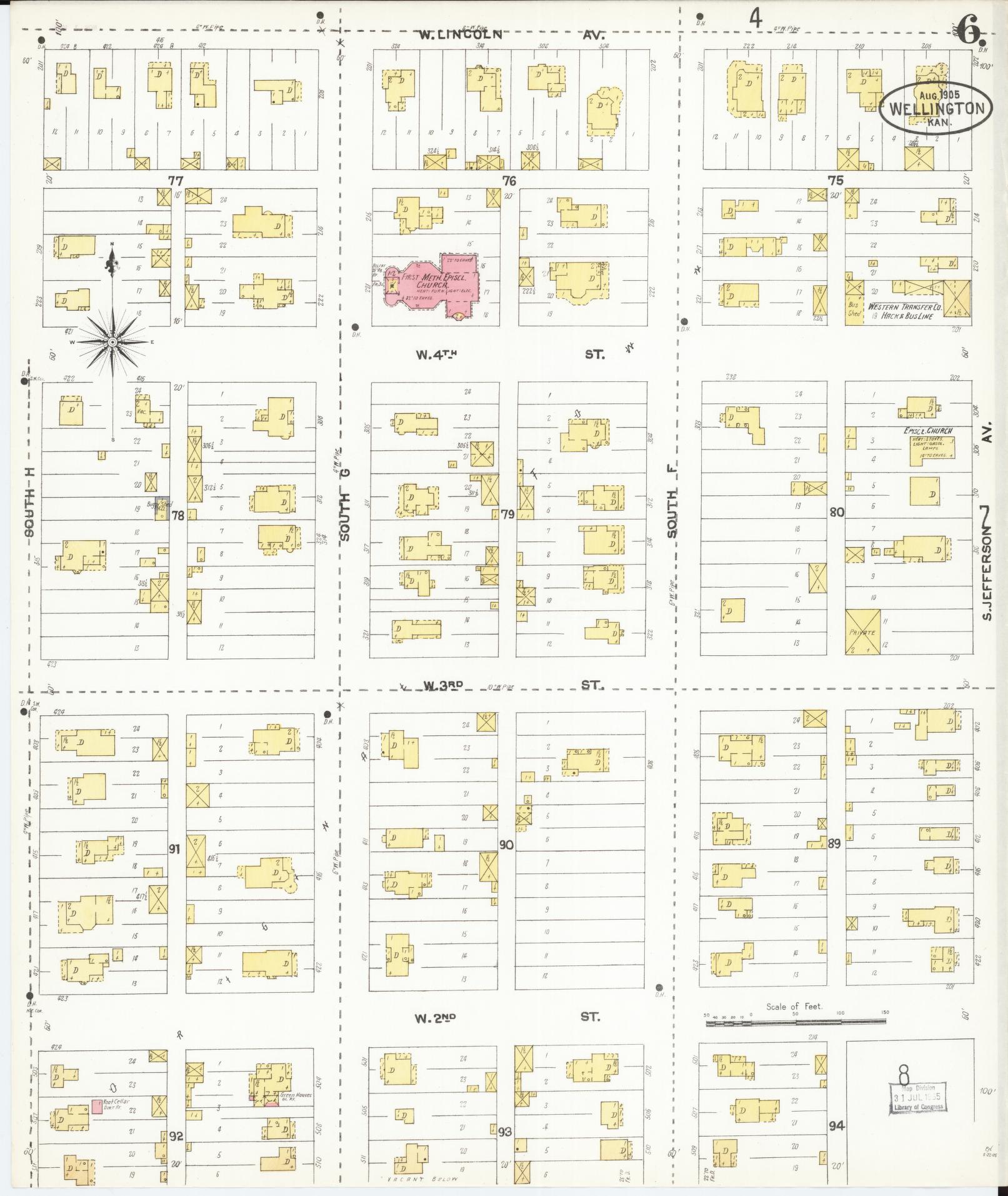 Sanborn Fire Insurance Map from Wellington, Sumner County, Kansas (1905), Sheet #0006 - Historic Sanborn Fire Insurance Map Print, vintage old map wall art, antique decor, genealogy gift, Kansas Kansas map