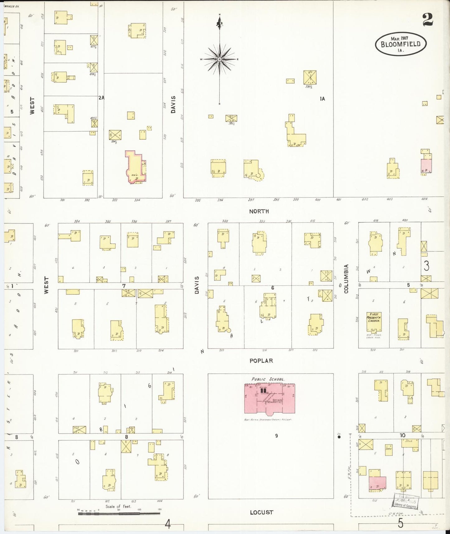 Sanborn Fire Insurance Map from Bloomfield, Davis County, Iowa (1907), Sheet #0002 - Historic Sanborn Fire Insurance Map Print, vintage old map wall art