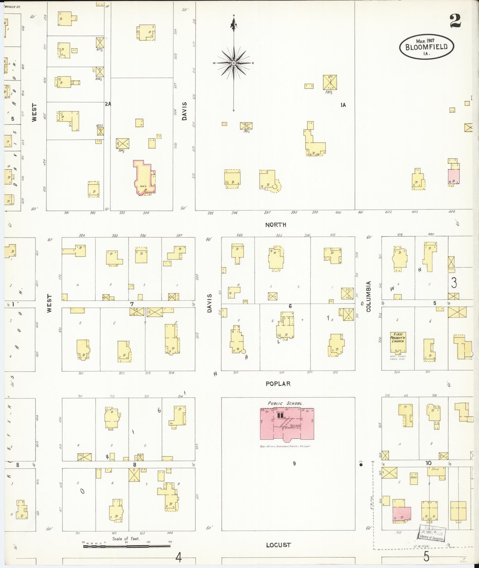 Sanborn Fire Insurance Map from Bloomfield, Davis County, Iowa (1907), Sheet #0002 - Historic Sanborn Fire Insurance Map Print, vintage old map wall art