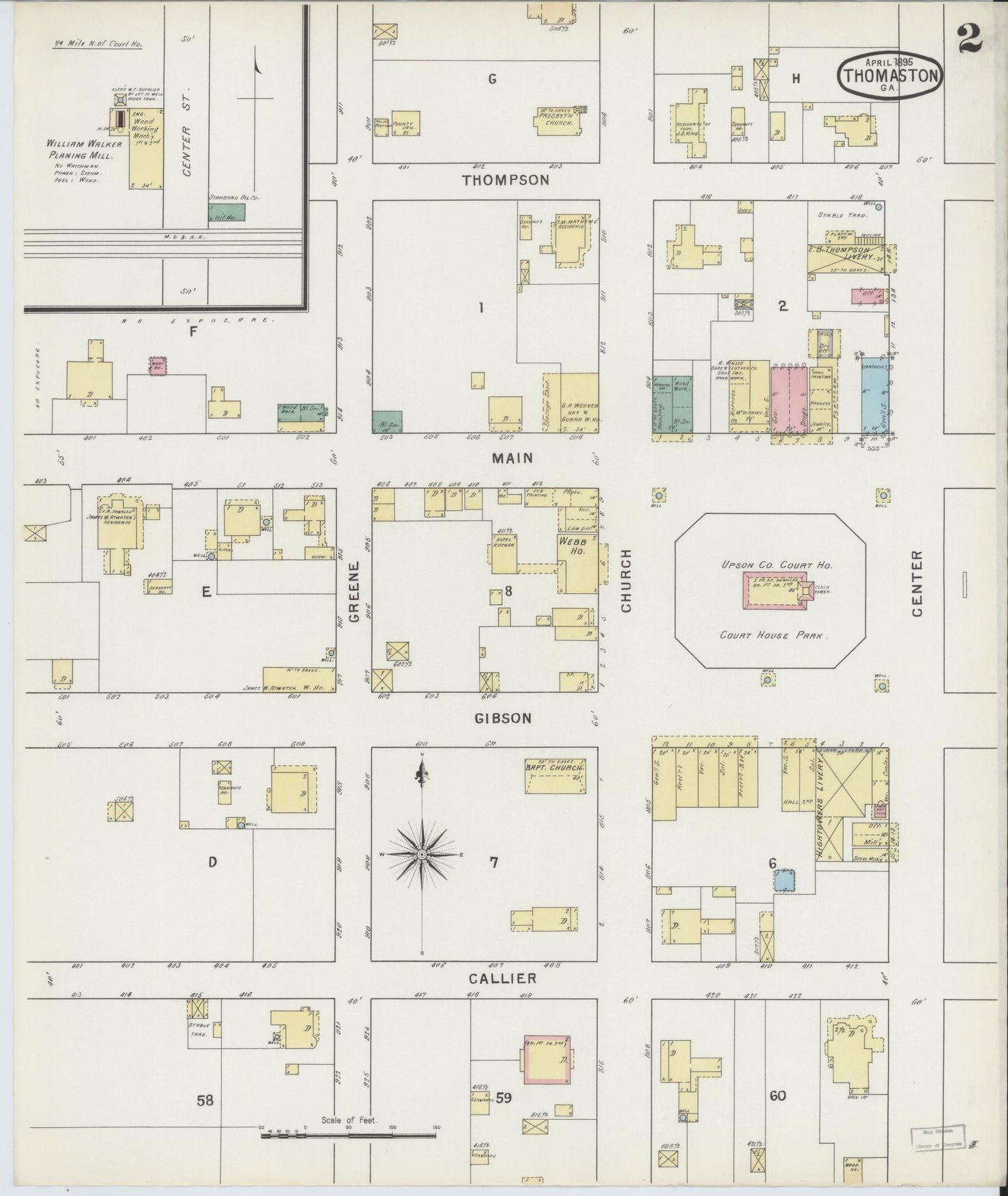 Sanborn Fire Insurance Map from Thomaston, Upson County, Georgia (1890), Sheet #0002 - Historic Sanborn Fire Insurance Map Print, vintage old map wall art, antique decor, genealogy gift, Georgia Georgia map