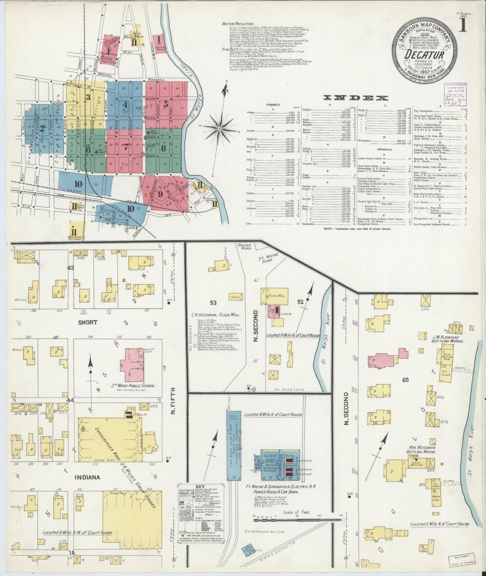Sanborn Fire Insurance Map from Decatur, Adams County, Indiana (1907), Sheet #0001 - Complete Map Set gallery image, historic Sanborn map, vintage wall art, Indiana Indiana
