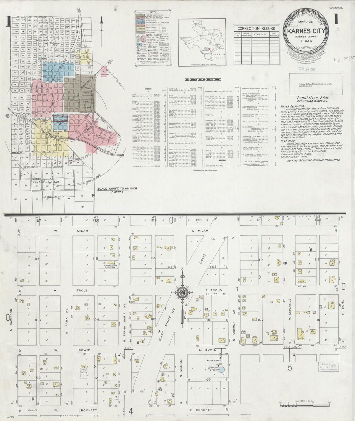 Sanborn Fire Insurance Map from Karnes City, Karnes County, Texas (1951), Sheet #0001 - Historic Sanborn Fire Insurance Map Print, vintage old map wall art, antique decor, genealogy gift, Texas Texas map
